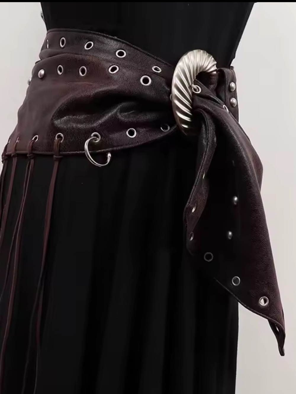 Dark Brown Faux Leather Grommet Statement Waist Belt Silver Ring Buckle Y2K - Picture 3 of 7